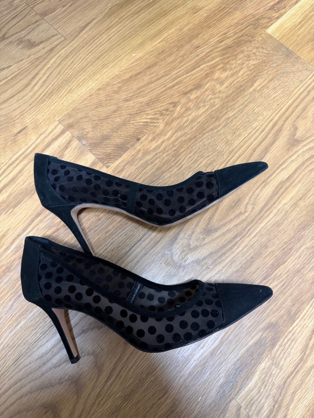 Ann Taylor Black Polka Dot Mesh Pointed Toe Stiletto Pumps